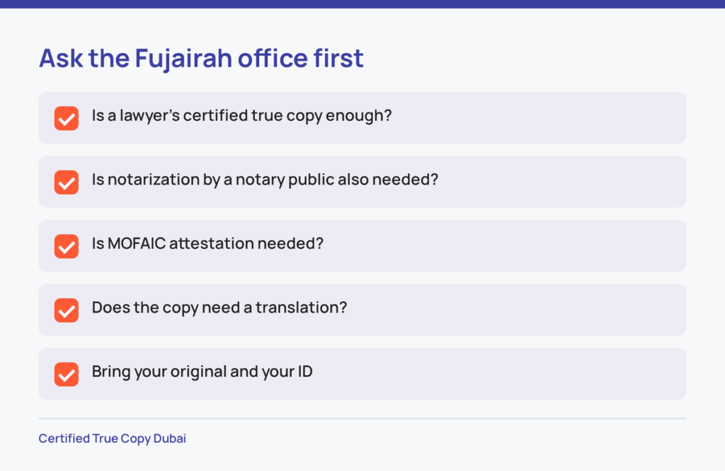 Checklist of questions to ask the receiving office in Fujairah before certification