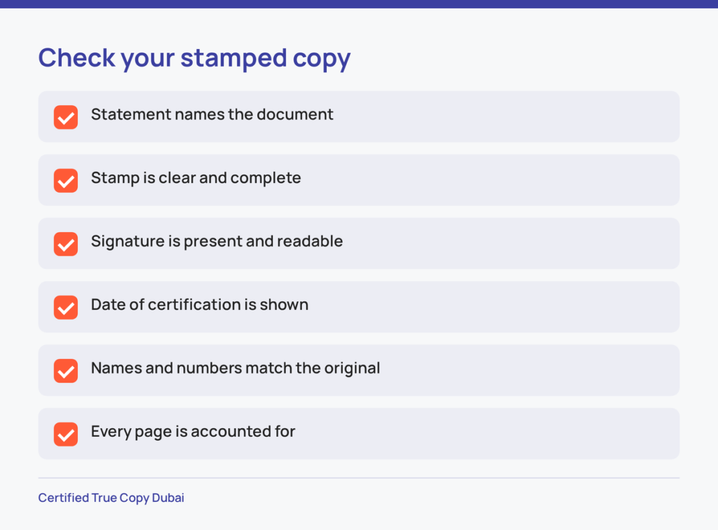 Checklist of six things to check on a certified true copy stamp